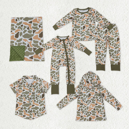 Sibling Baby Boys Green Orange Camo Southern Pajamas Button Shirts Hoodies Top