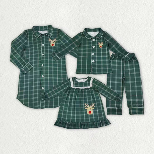 Embroidery Deer Mama and Me Green Checked Christmas Sleep Wear Pajamas Ruffle Dresses