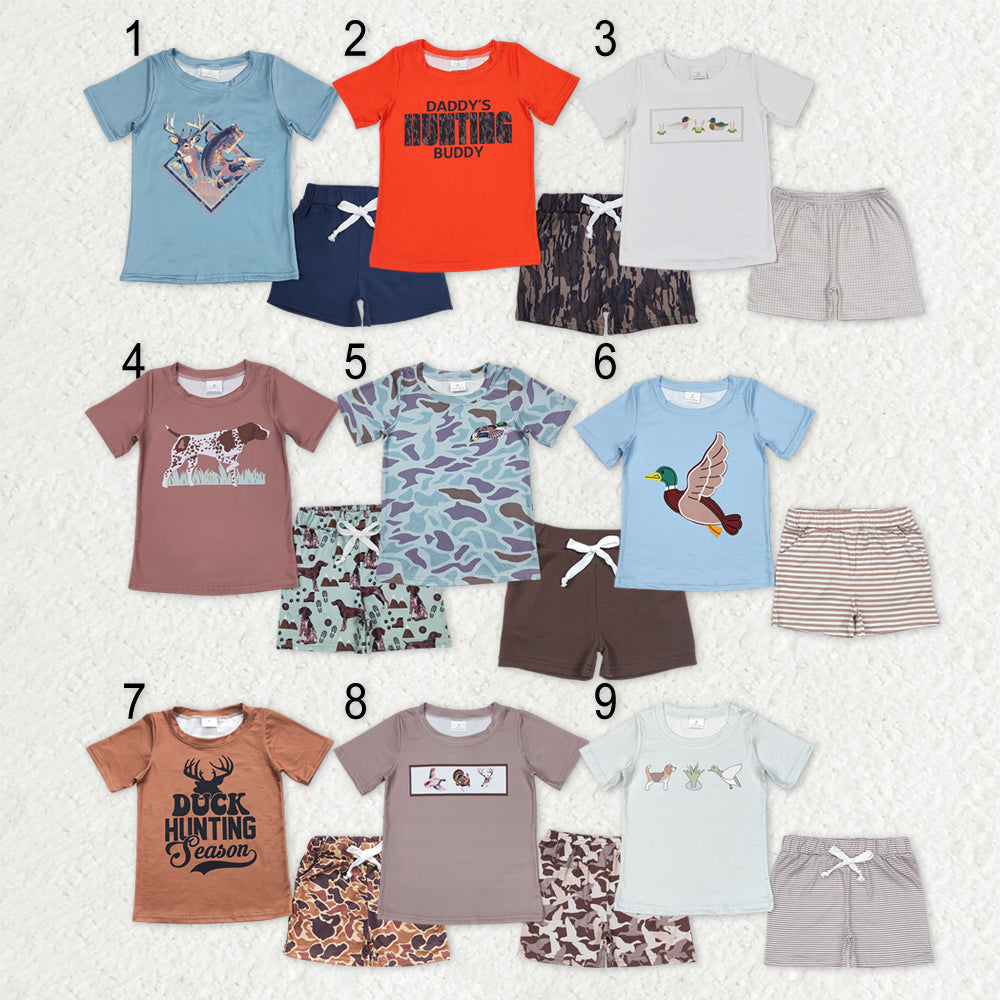 Sibling Baby Boys Short Sleeve Dogs Ducks Fishing Print Top Shorts Hunting Clothes Sets