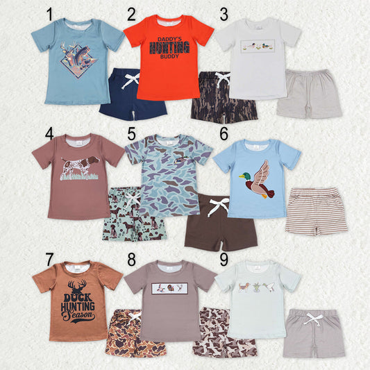 Sibling Baby Boys Short Sleeve Dogs Ducks Fishing Print Top Shorts Hunting Clothes Sets