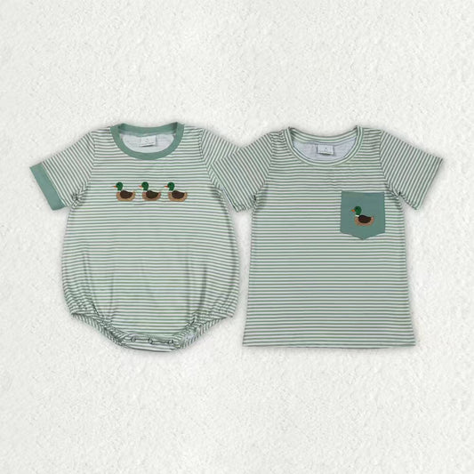 Sibling Baby Boys Green Stripe Embroidery Ducks Hunting T-shirt Top Rompers