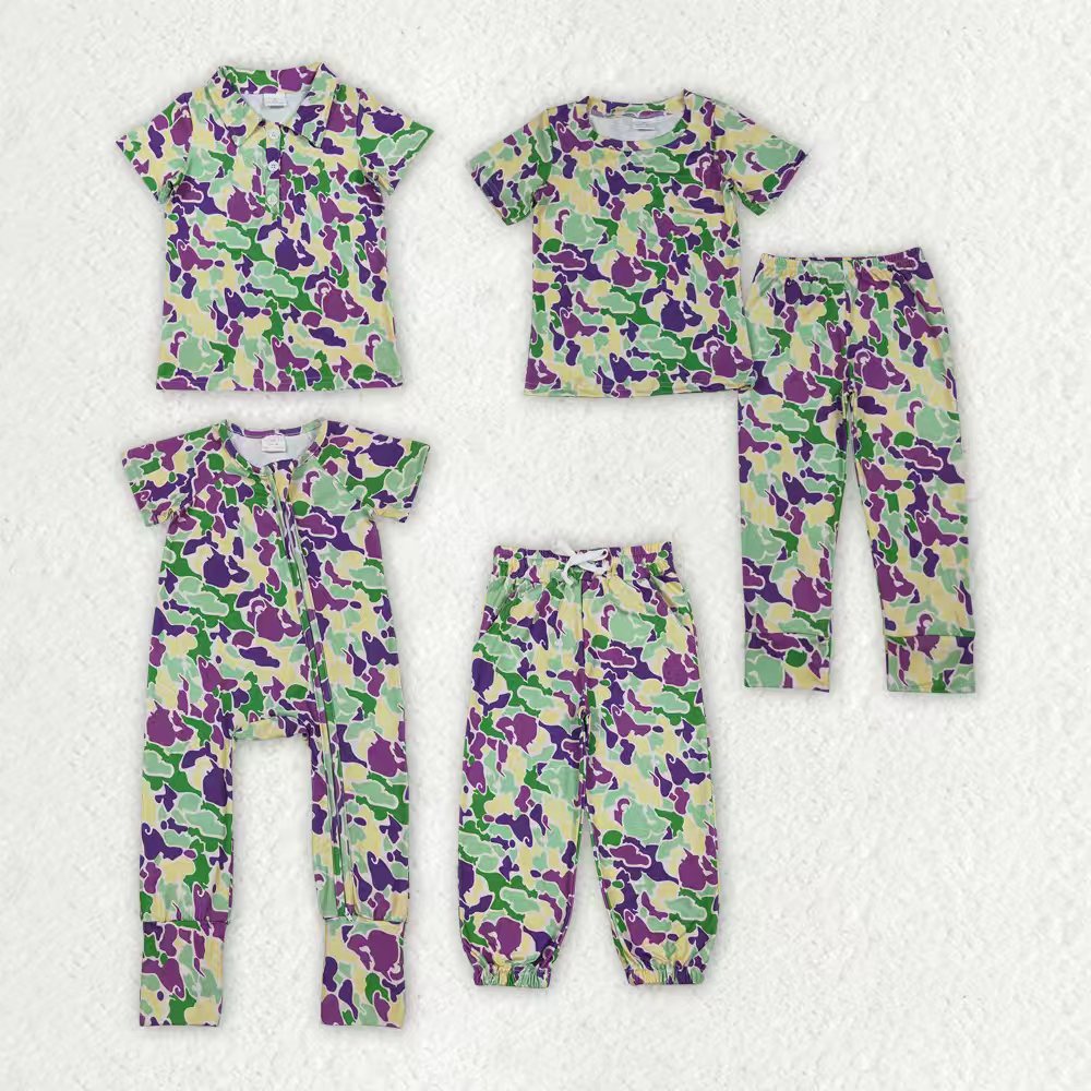 Sibling Baby Boys Mardigras Camo Pant Pajamas Sets Two Way Zip Convertible Rompers Polo Shirts Top
