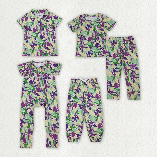 Sibling Baby Boys Mardigras Camo Pant Pajamas Sets Two Way Zip Convertible Rompers Polo Shirts Top