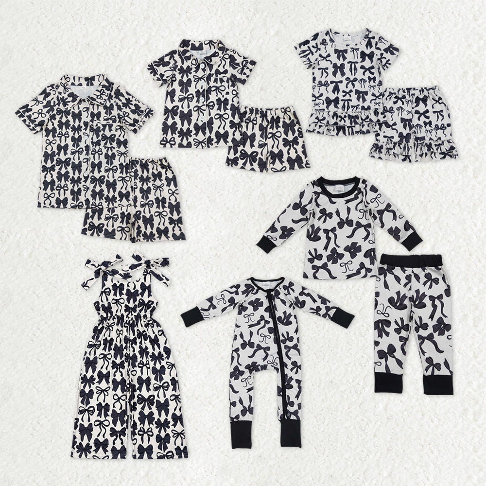 Sibling Mama and Me Black Bows Button Shirts Pajamas Sets Zipper Rompers Jumpsuits