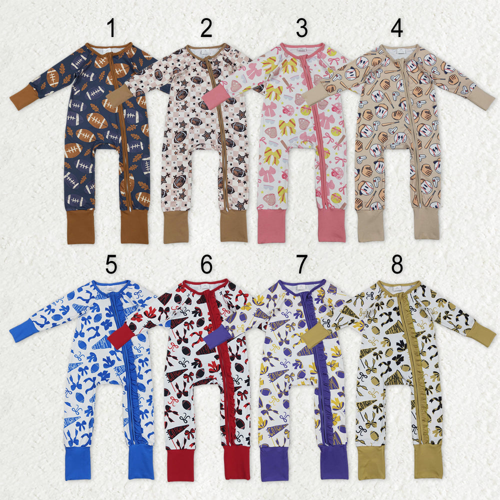 Sibling Baby Kids Footballs Baseballs Stars Checked Team Two Way Zip Convertible Rompers