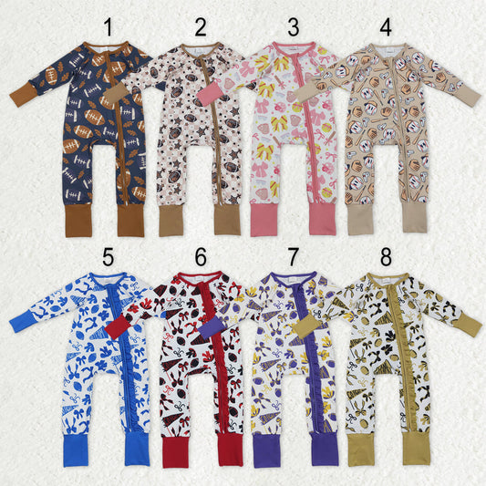 Sibling Baby Kids Footballs Baseballs Stars Checked Team Two Way Zip Convertible Rompers