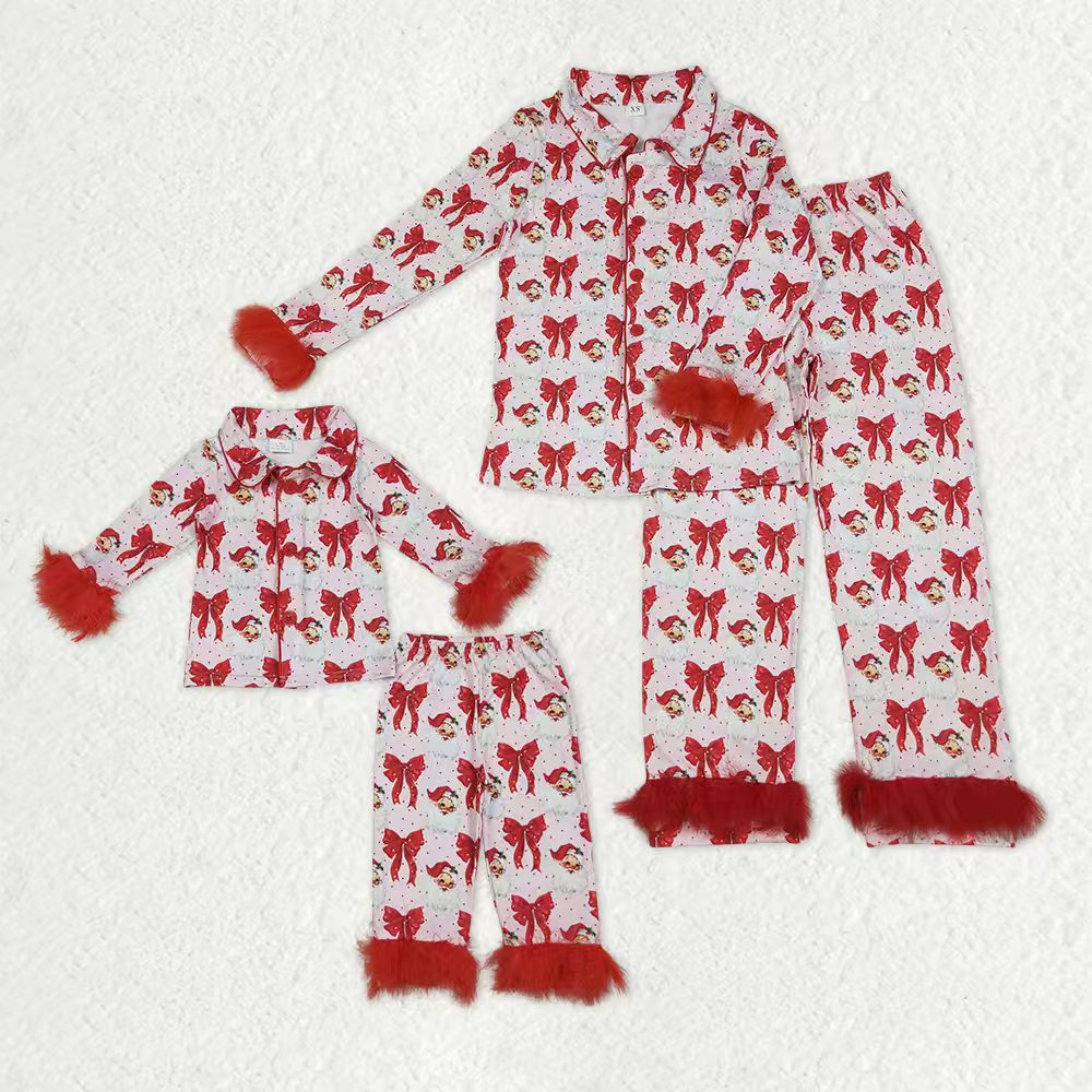 Mama and Me Red Bows Santa Button Top Pants Christmas Fur Pajamas Sets