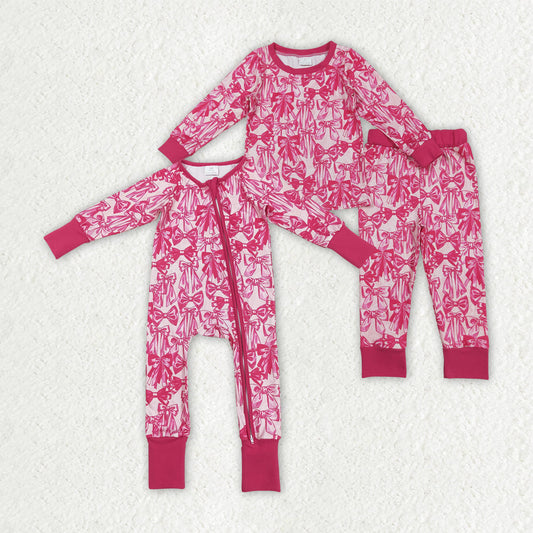 Sibling Baby Girls Hot Pink Bows Plaid Pajams Sets Zipper Footie Rompers
