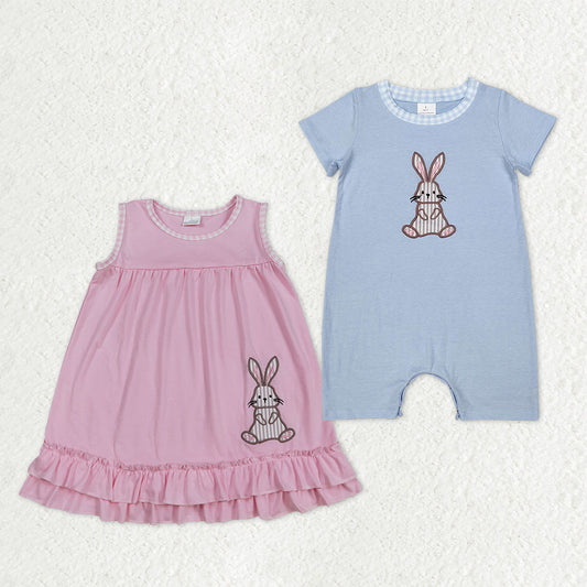 Sibling Baby Kids Embroidery Stripe Rabbits Easter Ruffle Knee Length Dress Shorts Romper