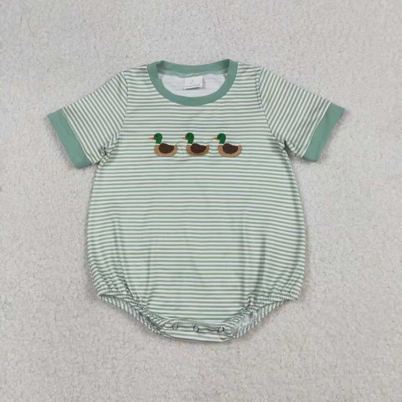 Sibling Baby Boys Green Stripe Embroidery Ducks Hunting T-shirt Top Rompers
