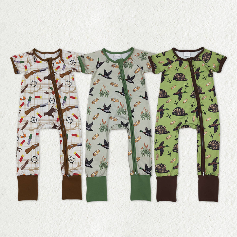 Sibling Baby Kids Camo Hats Ducks Southern Hunting Two Way Zipper Convertible Rompers