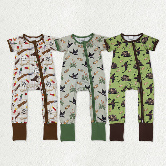 Sibling Baby Kids Camo Hats Ducks Southern Hunting Two Way Zipper Convertible Rompers