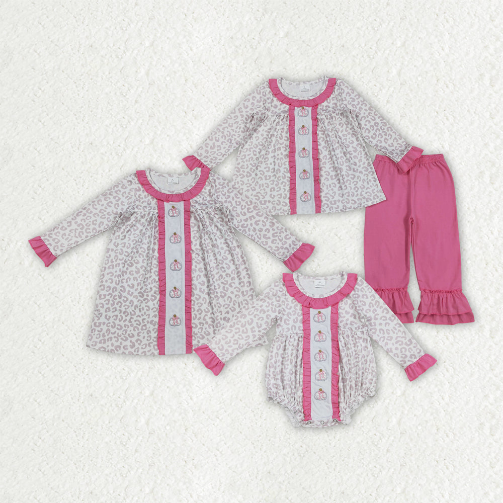 Sibling Embroidery Bows Pumpkins Baby Girls Leopard Fall Rompers Dresses Outfits