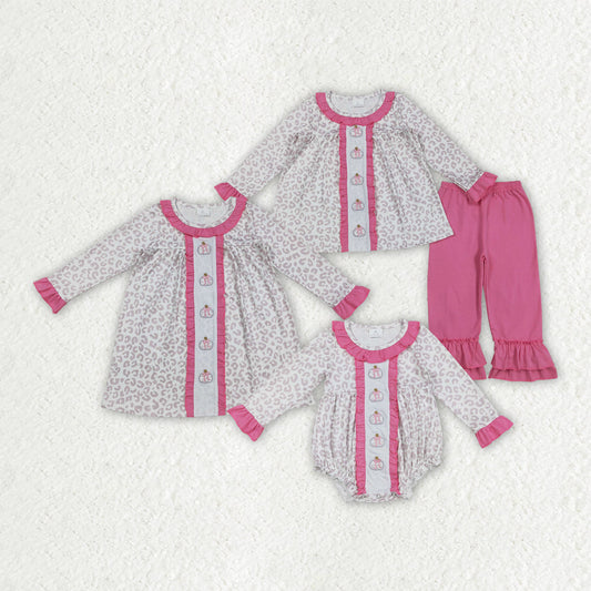 Sibling Embroidery Bows Pumpkins Baby Girls Leopard Fall Rompers Dresses Outfits