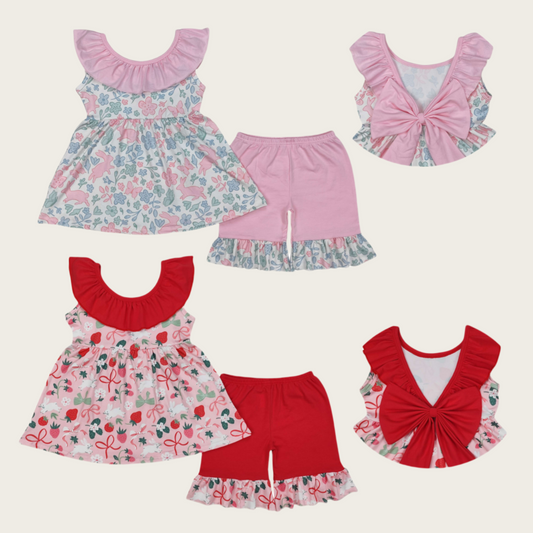 Sibling Baby Girls Sleeveless Floral Easter Rabbits Bow Tunic Ruffle Shorts Clothes Sets