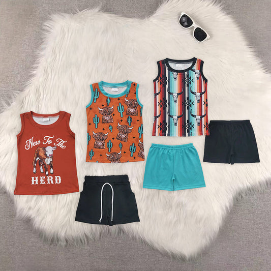 Sibling Baby Boys Western Highland Cows Aztec Sleeveless Tee Shirts Shorts Sets