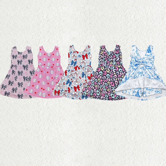 Sibling Baby Girls Strap Bows Baseballs Floral Skorts Yoga Knee Length Dresses