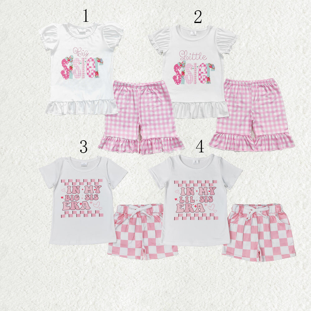 Sibling Baby Girls Little Big Sister Tee Shirts Ruffle Plaid Shorts Clothes Sets