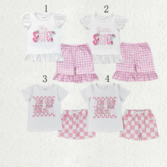 Sibling Baby Girls Little Big Sister Tee Shirts Ruffle Plaid Shorts Clothes Sets