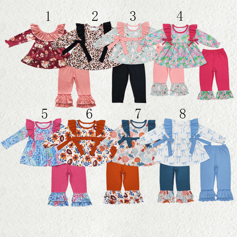 Sibling Baby Girls Long Sleeves Floral Bows Tunic Ruffle Pants Clothes Sets