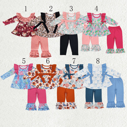 Sibling Baby Girls Long Sleeves Floral Bows Tunic Ruffle Pants Clothes Sets