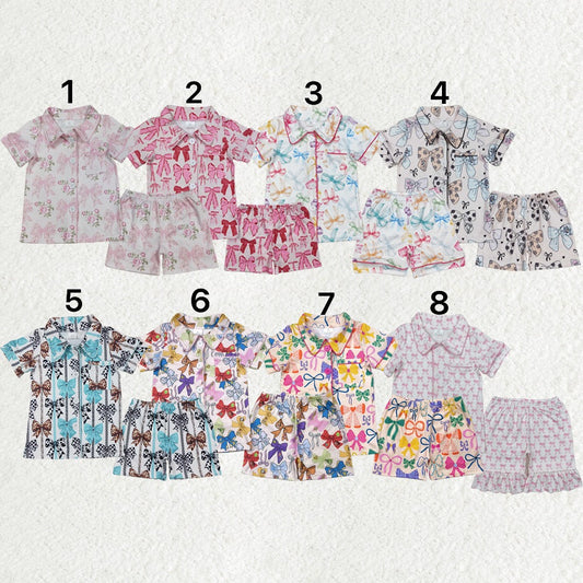 Sibling Baby Girls Colorful Bows Buttons Shirt Shorts Pajamas Clothes Sets