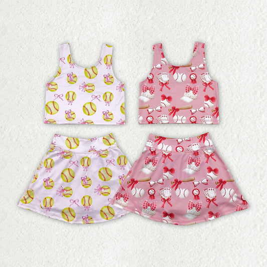 Sibling Baby Girls Bows Baseballs Yoga Team Active Wear Top Shorts Skirts Clothes Sets