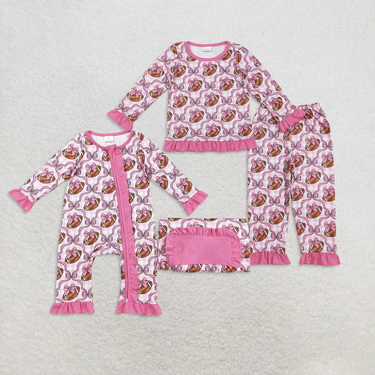 Sibling Baby Girls Pink Bows Footballs Top Pant Team Pajamas Set Zipper Footie Rompers