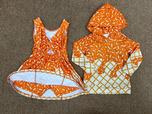 Sibling Baby Kids Orange Drip Team Hoodies Top Yoga Short Knee Length Dresses