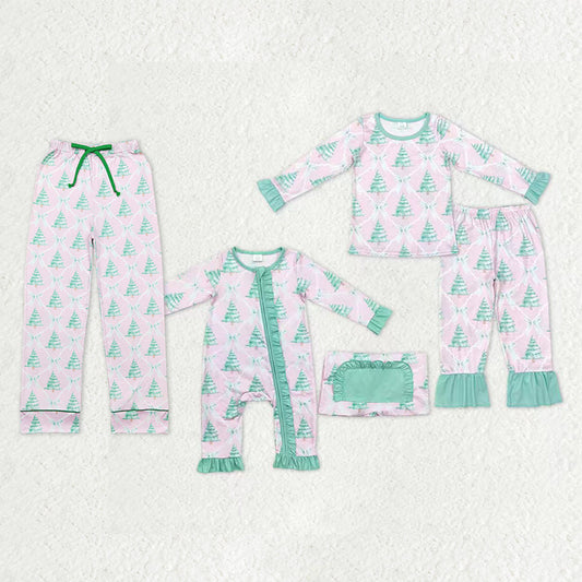 Family Sibling Bows Trees Checked Top Ruffle Pants Christmas Pajamas Sets Zipper Rompers Women Pants