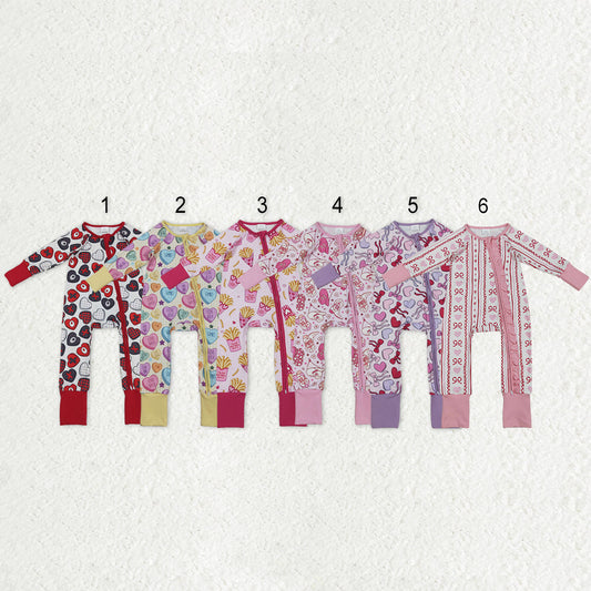 Sibling Baby Kids Colorful Hearts Bows XOXO Valentines Two Way Zip Convertible Rompers