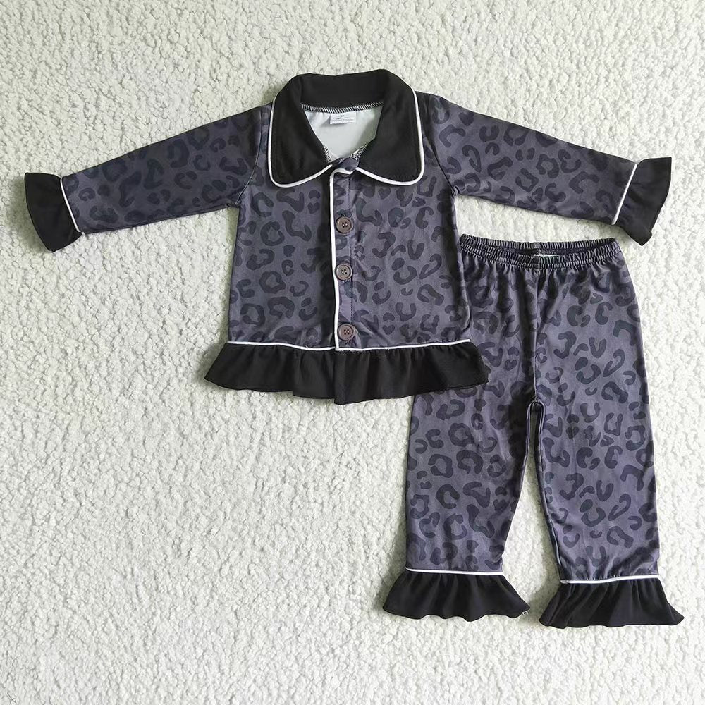 Sibling Baby Girls Western Horses Cows Print Leopard Button Top Ruffle Pants Pajamas Sets