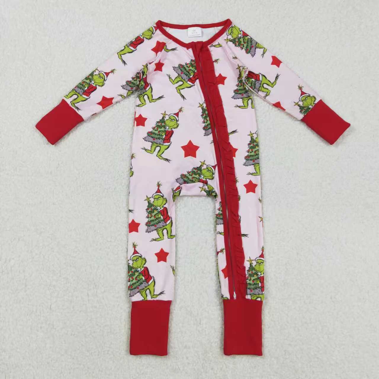 Sibling Baby Girls Christmas Green Face Stars Pajamas Set Zipper Footie Romper Knee Length Dresses