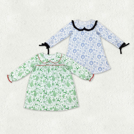 Sibling Baby Girls Long Ruffle Sleeve Snowmen Deer Christmas Knee Length Dresses