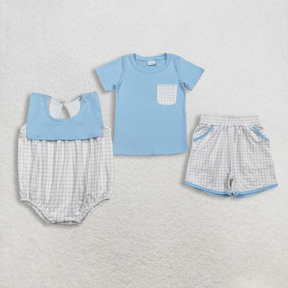 Sibling Baby Boys Light Blue Pocket Top Pockets Short Checked Rompers