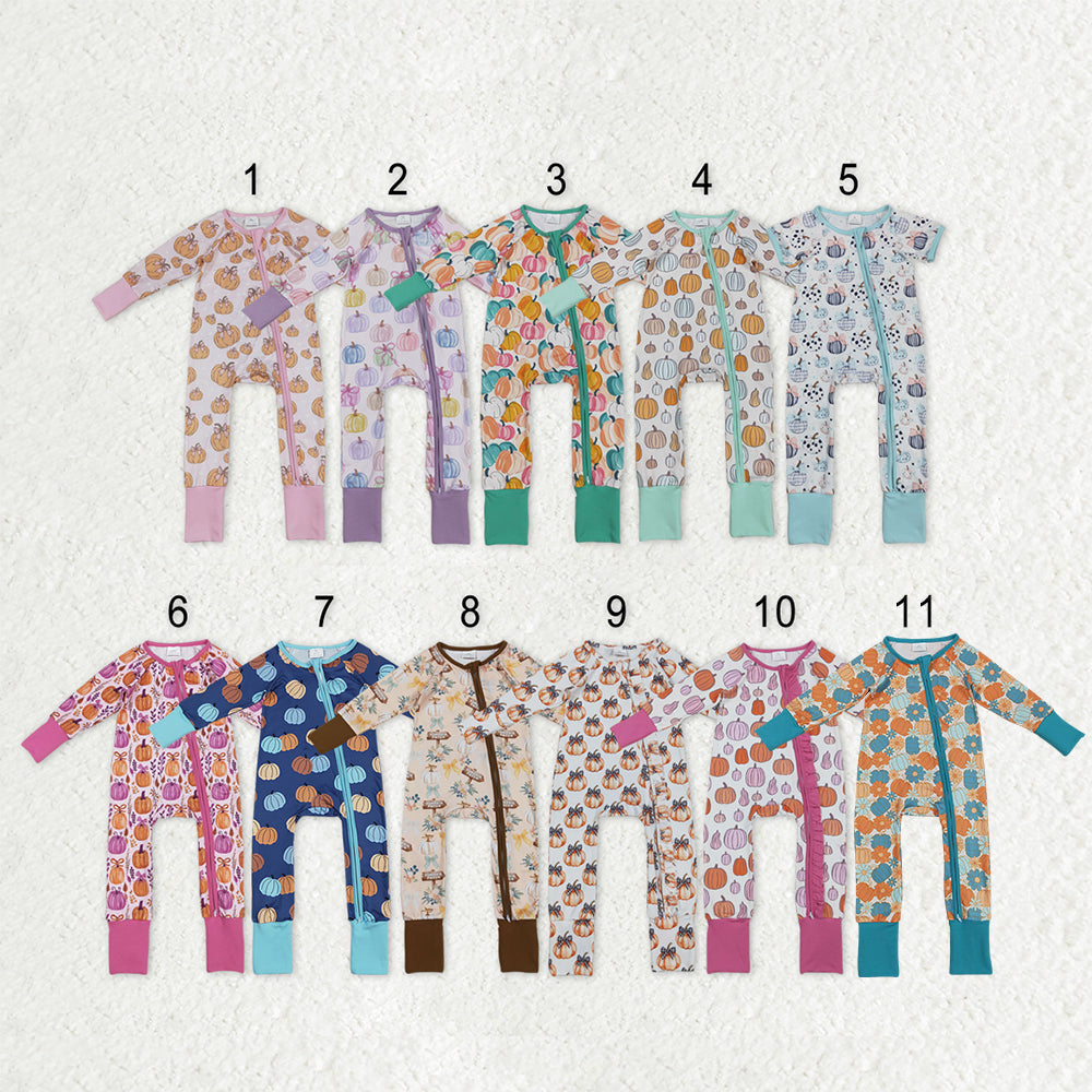 Sibling Baby Kids Colorful Flowers Pumpkins Fall Two Way Zip Convertible Rompers