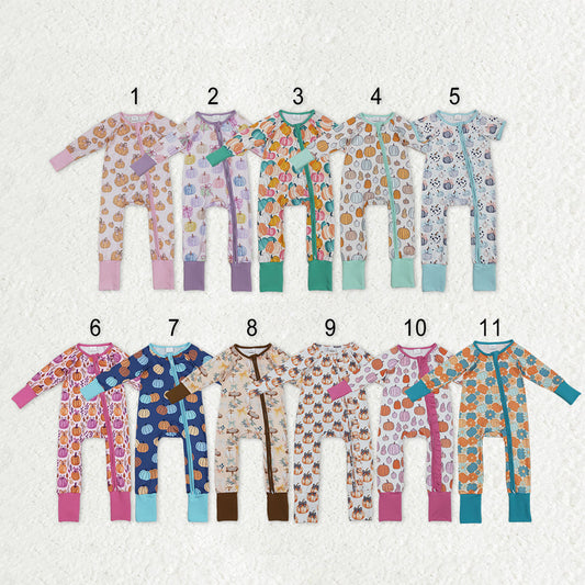 Sibling Baby Kids Colorful Flowers Pumpkins Fall Two Way Zip Convertible Rompers
