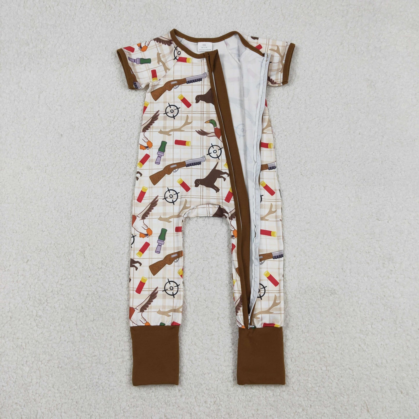 Sibling Baby Boys Dogs Ducks Checked Pants Hunting Pajamas Set Zipper Rompers