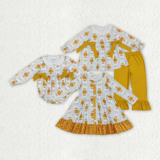 Sibling Baby Girls Pumpkins Bows Stripes Fall Ruffle Clothes Sets Rompers