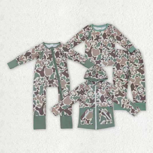 Sibling Baby Boys Green Brown Deer Camo Hunting Pajamas Sets Zipper Rompers Hoodies Top