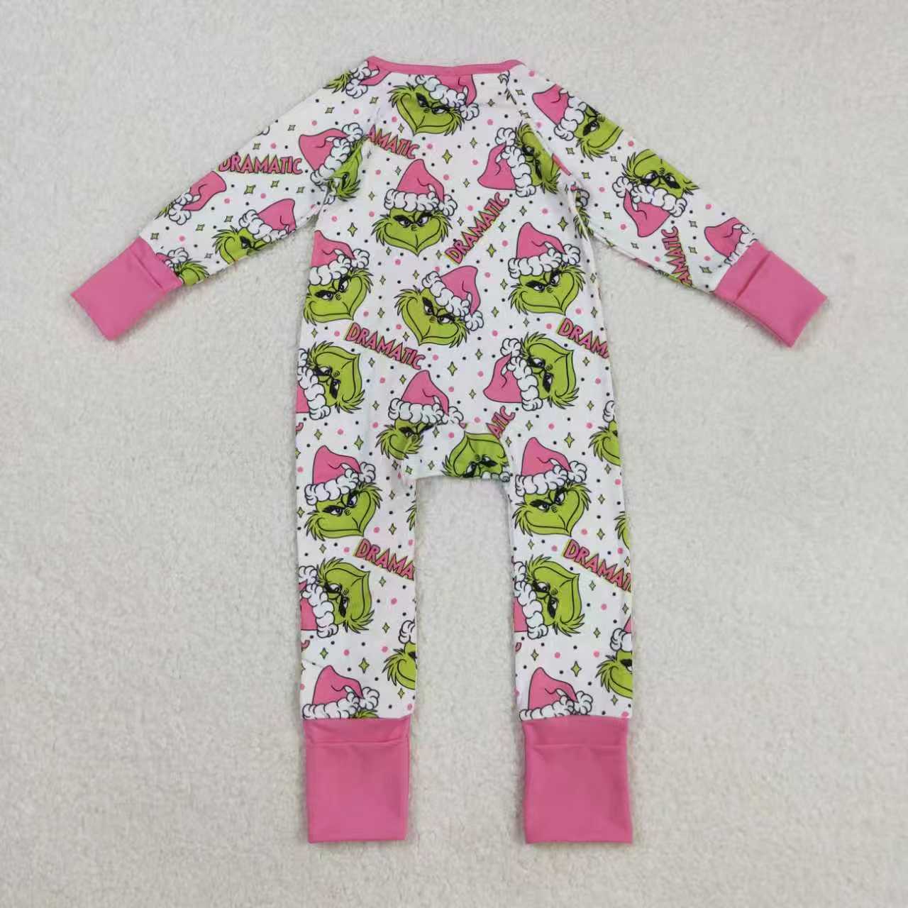 Sibling Baby Girls Green Faces Dramatic Christmas Zipper Footie Rompers Pajamas Sets
