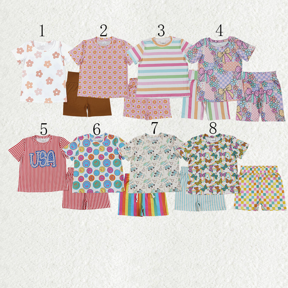 Sibling Baby Girls Colorful Stripe Floral Shirt Short Summer Clothes Sets