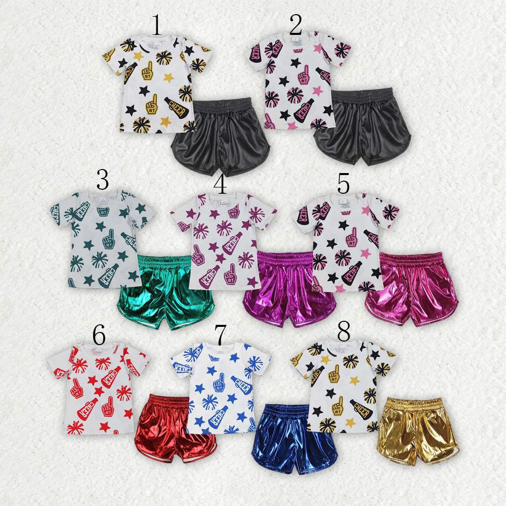 Sibling Baby Girls Cheer Team Shirts Top Leather Shorts Summer Clothes Sets