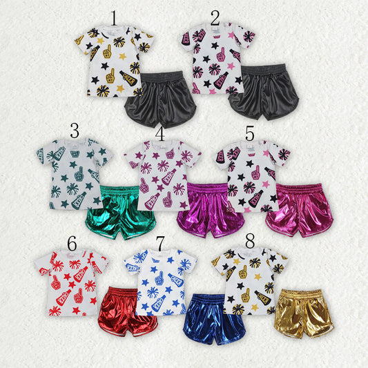 Sibling Baby Girls Cheer Team Shirts Top Leather Shorts Summer Clothes Sets