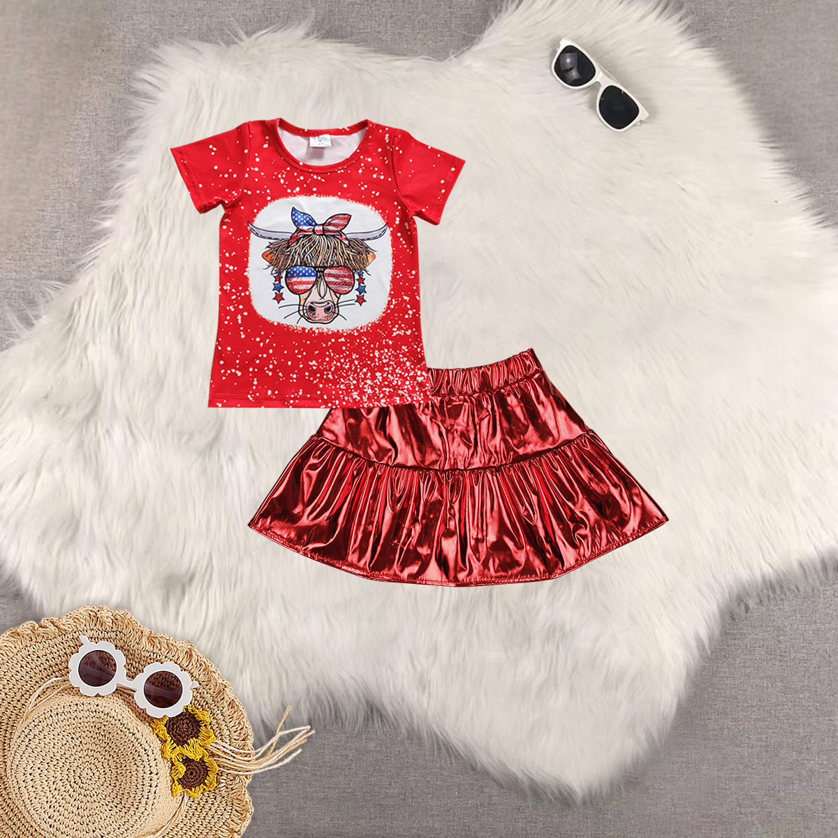 Sibling Baby Girls Short Sleeves Cow Stars Top Red Leather Skirts Western 4th Of July Sets