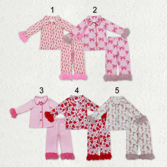 Sibling Baby Girls Sister Bows Boots Hearts Buttons Top Pants Fur Pajamas Clothes Sets