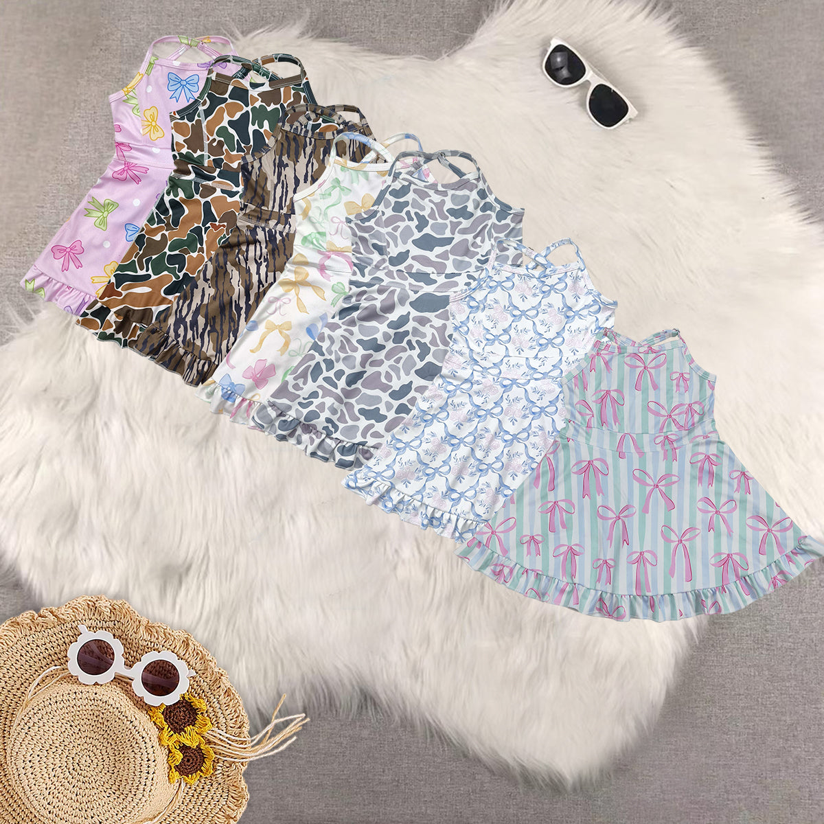Sibling Baby Girls Strap Bows Floral Camo Print Yoga Activity Wear Ruffle Knee Length Dresses