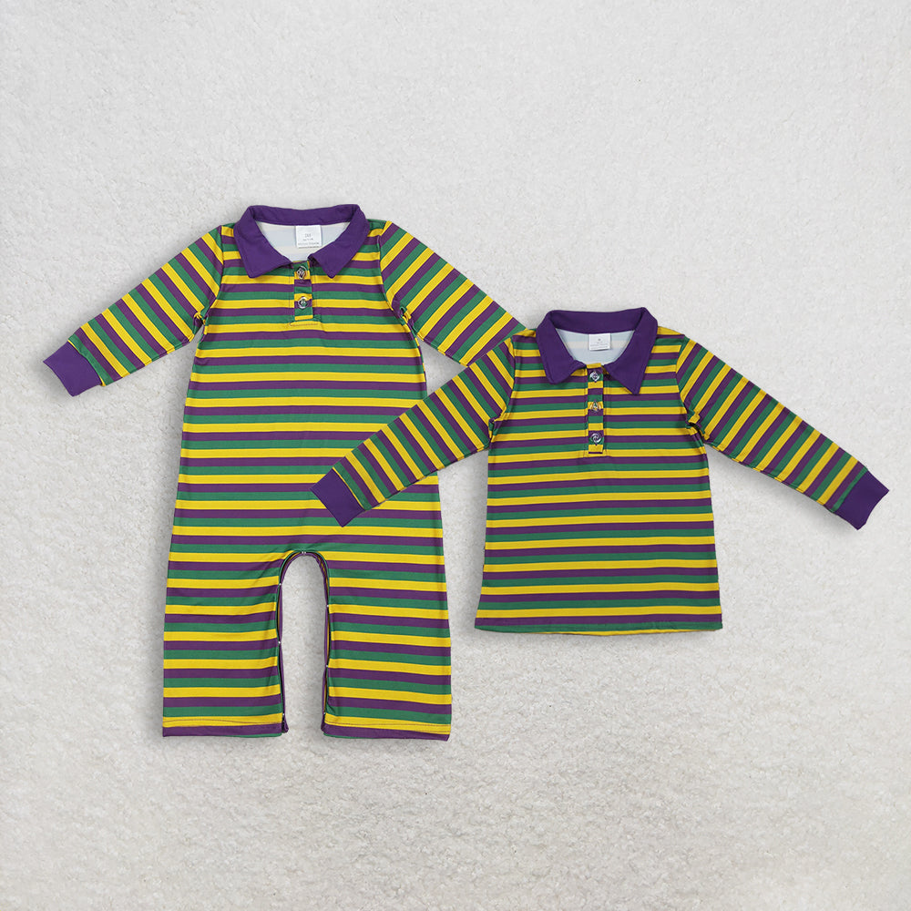 Sibling Baby Boys Long Sleeve Mardigras Stripe Button Polo Shirts Top Pant Rompers