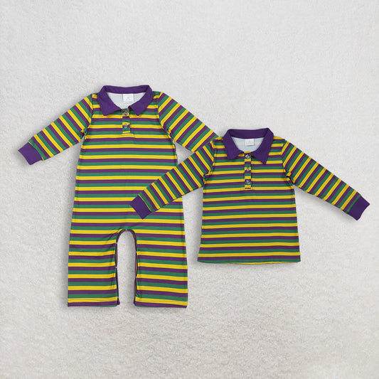 Sibling Baby Boys Long Sleeve Mardigras Stripe Button Polo Shirts Top Pant Rompers