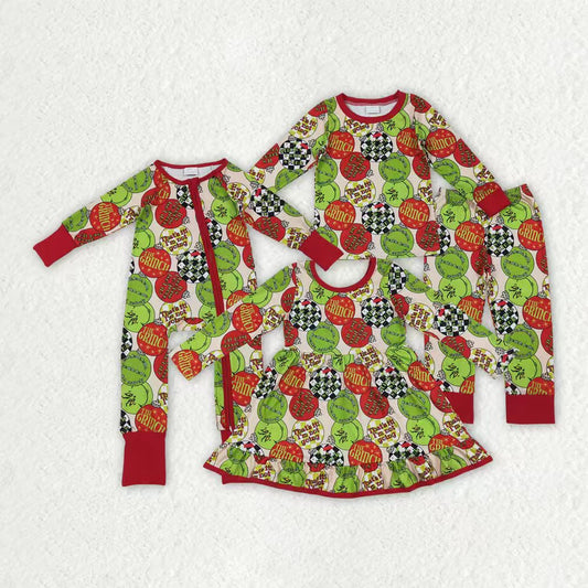 Sibling Baby Boys Girls Grin Lights Christmas Pajamas Set Knee Length Dress Zipper Footie Rompers